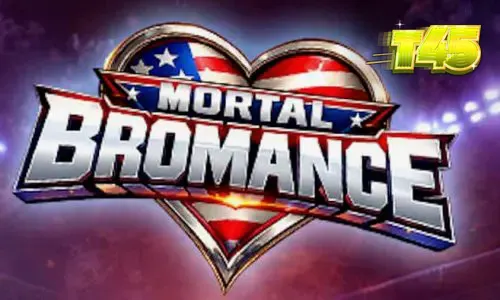 Mortal Bromance slot machine interface com personagens satíricos e grade de jogo