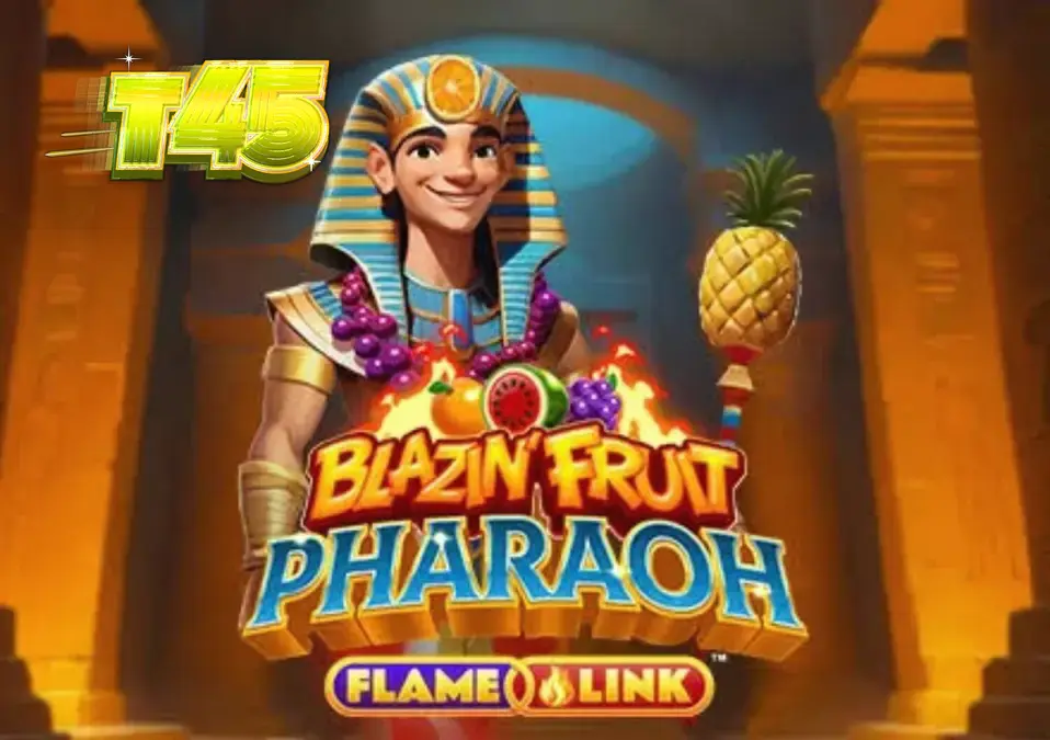 Interface vibrante do slot Blazin’ Fruit Pharaoh FlameLink™ com símbolos de frutas e elementos egípcios